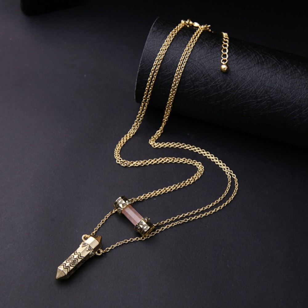 Boho Layered Double Rhinestone Bullet Necklace - Picture 5 of 8